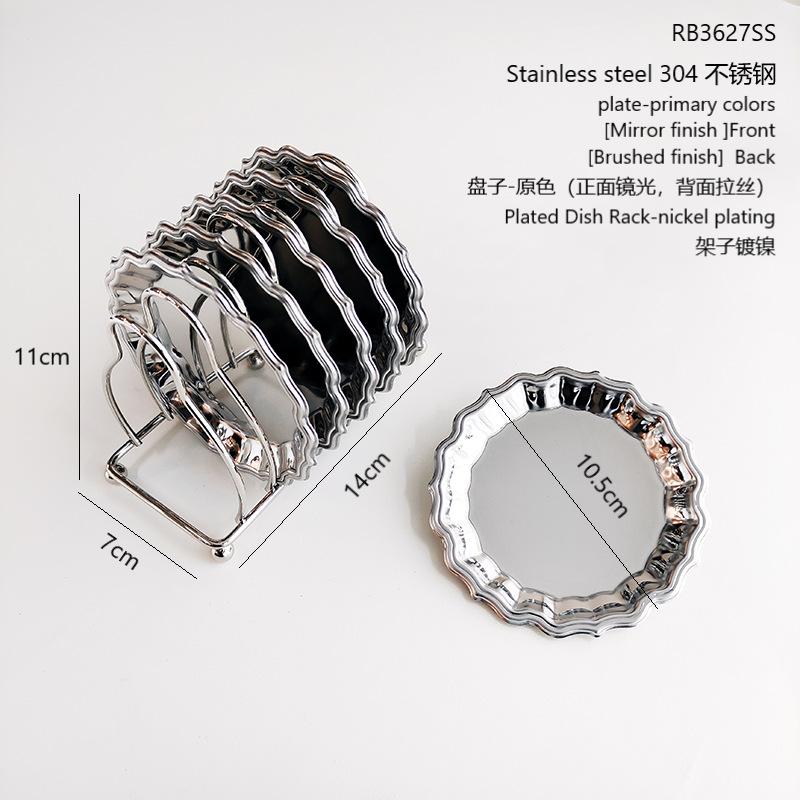 6PCS/Set Round Stainless Steel Coaster Silver Cup Mat with Storage Rack Coffee Tray Cake Dessert Plate Gift