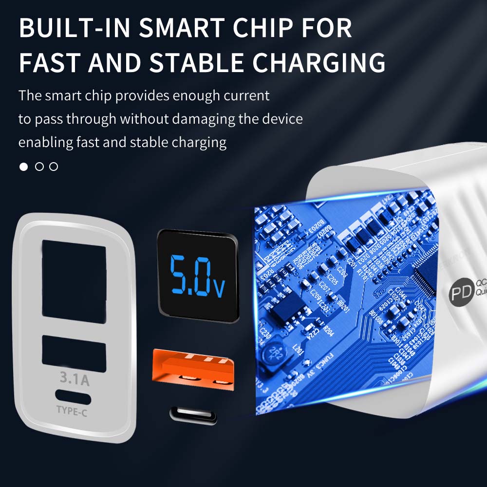 20W USB Charger Fast Charging 2 Ports Type C Phone Charger Adapter for IPhone Samsung Xiaomi Digital Display USB C Wall Charger