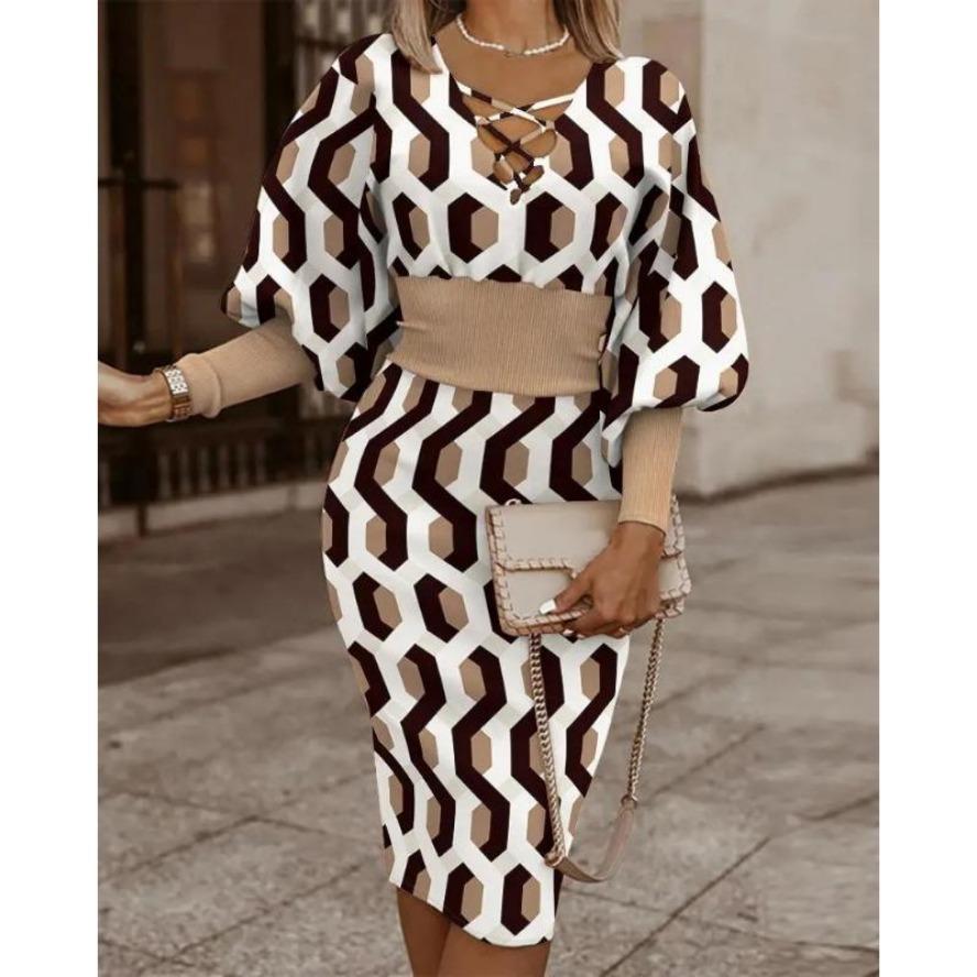 

YYFS Женская мода Весна Осень Ромбовидный принт Длинный рукав V-образный вырез Высокая талия Повседневные платья XXL