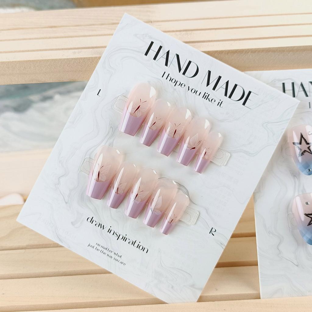 24 Pcs Long Ballerinas False Nail Butterfly Press on Nail Acrylic Nail French Tip Stick on Nail Manicures Supplies