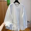 Oversized T Shirts Women's Clothes Patchwork Lace Long Sleeve Tees O-neck Casual Camisetas Fashion White T-shirt 2025 Ropa Mujer