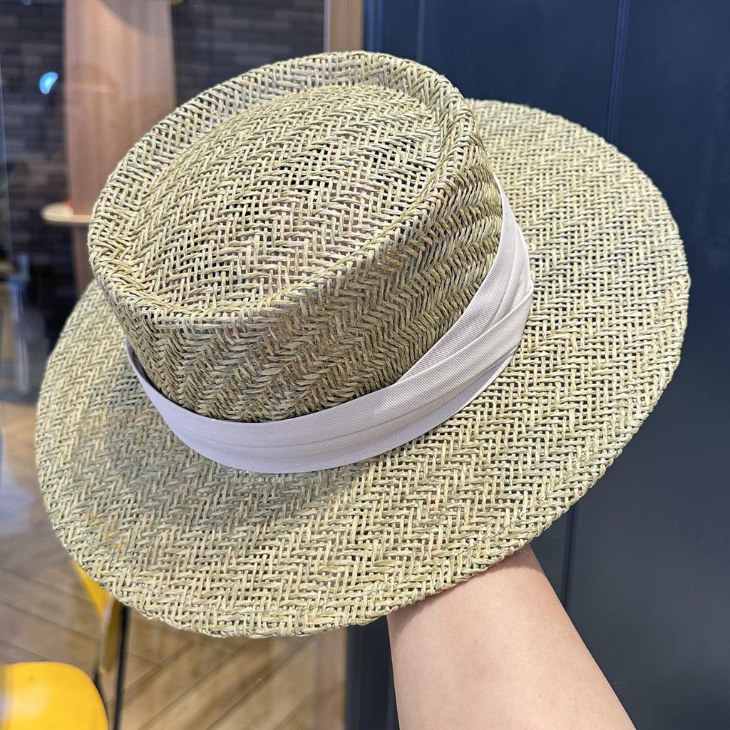 Straw Flat Top Hat Women'S Straw Hat Summer Top Hat British Seaside Vacation Sun Hat Hollow Sun Hat