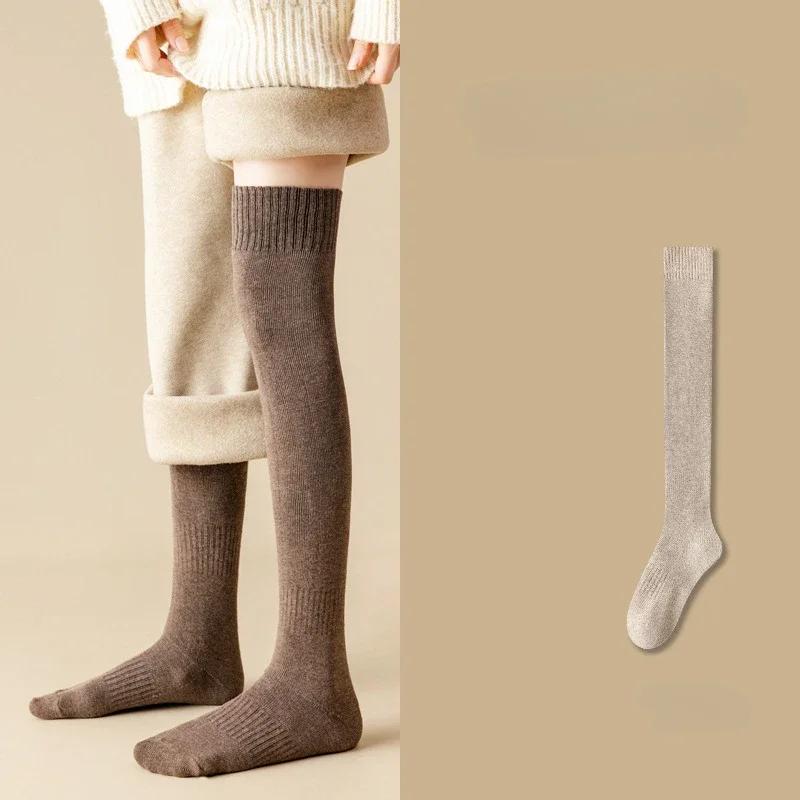 

1 пара женских зимних теплых чулок, сексуальные модные снежные однотонные плотные утолщенные петли, теплые тонкие женские длинные носки выше колена One Size хаки