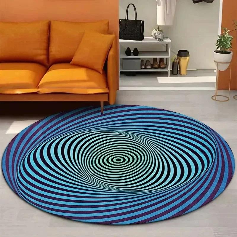 Crystal Velvet Psychedelic Round Rug, Abstract Geometric Illusion Print Non Slip Floor Mat for Living Room, Bedroom, Sofa Decor