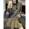 Beautiful Contrast Striped Round Neck Long Sleeve Top for Women Loose Slimming Pure Cotton T Shirt with Bottoming Shirt