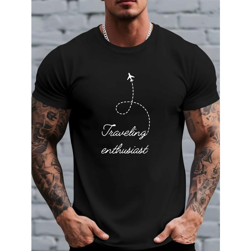 

European Size Men s Simple Paper Airplane Travel Enthusiast Letter Pattern Print T-Shirt, Comfortable for All Seasons, Daily Top 4XL