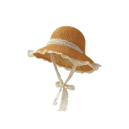 Women Beach Hat Large Eaves UV Blocking Foldable Portable Handmade Straw Hollow Sun Protection Hat with Lace Ties