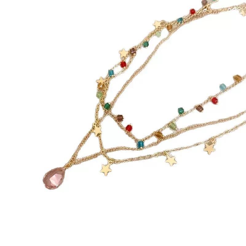 Colorful Star Zircon Multi-layer Necklace, Vintage Light Luxury Stackable Clavicle Chain