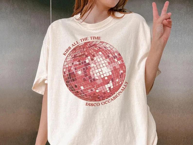 Disco Ball Kiss All The Time  Shirt Funny Retro Disco Graphic Tee Unisex L
