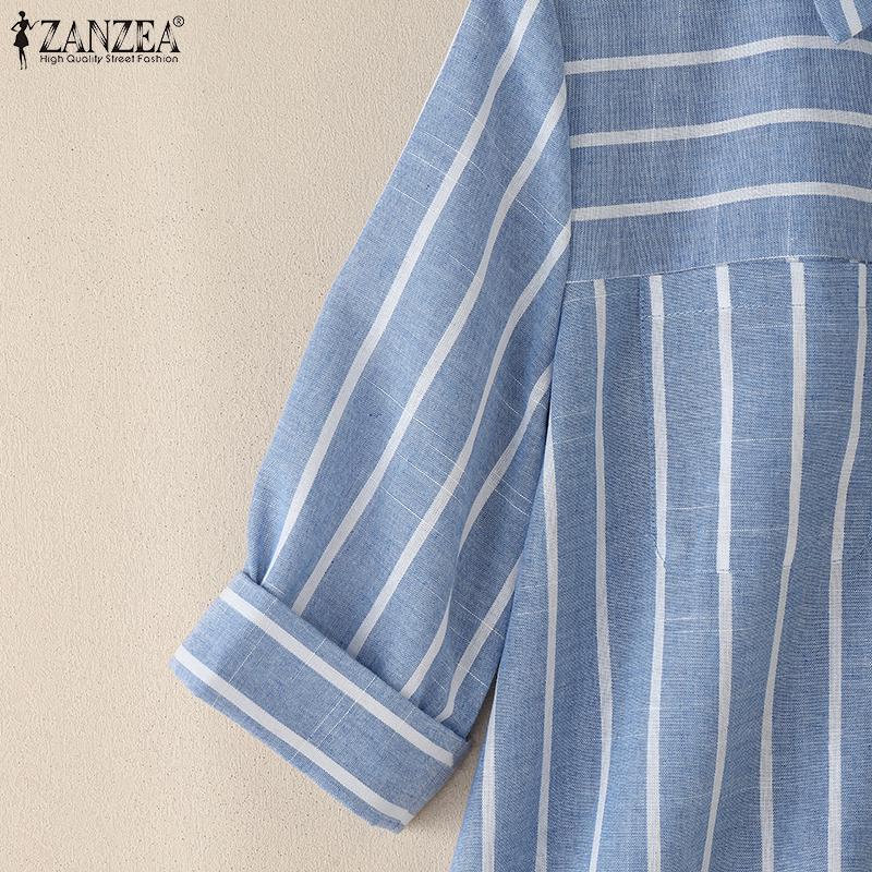 ZANZEA Women Turn Down Collar Loose 3/4 Sleeve Stripe Blouse