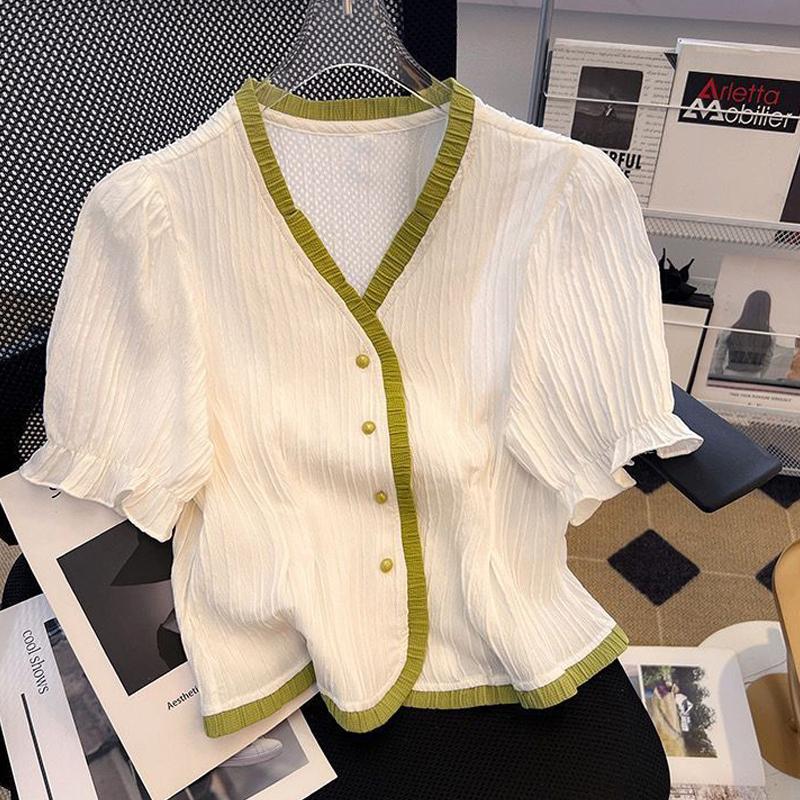 Women's Stylish Ruffle Contrast Color Design Button Up Shirt Elegant V Neck Sweet Chic Blouse Summer Female Casual Loose Tops