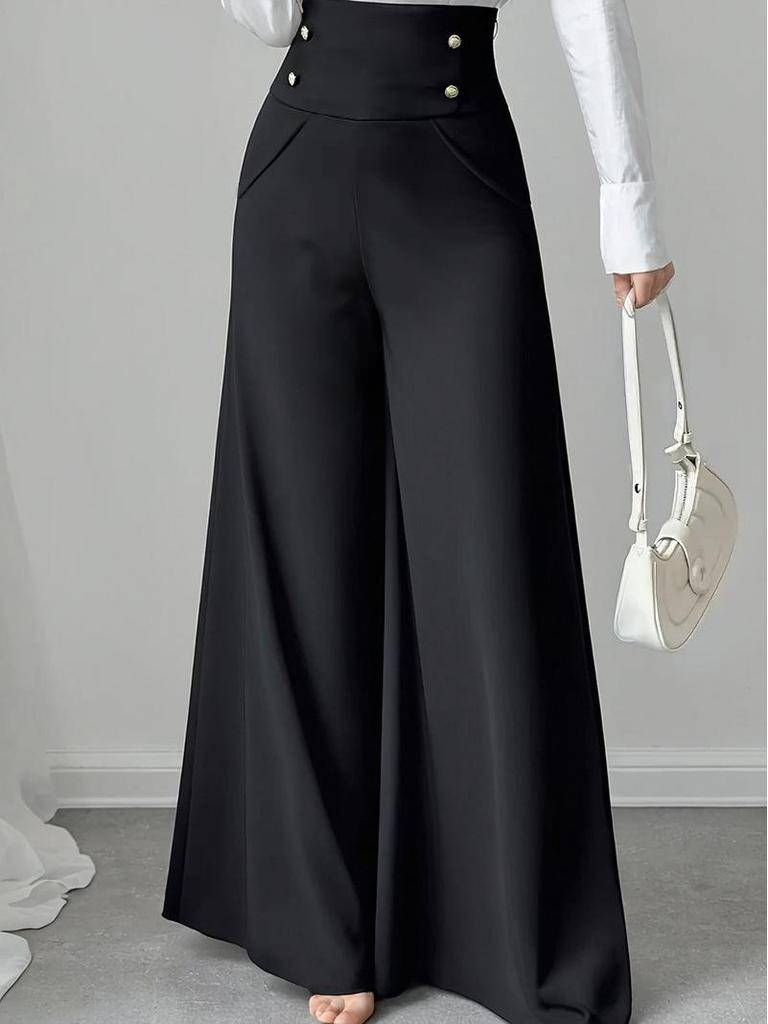 Elegantní černé kalhoty s vysokým pasem a širokými nohavicemi s kontrolou bříška a kapsami pro kancelářské nošení