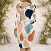 Women Plus Size Chain Strap Cold Shoulder Long Sleeve Printed Asymmetric Hem Bodycon Dress