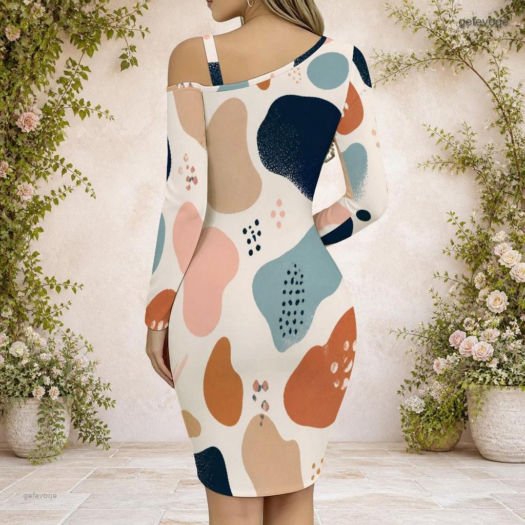 Women Plus Size Chain Strap Cold Shoulder Long Sleeve Printed Asymmetric Hem Bodycon Dress