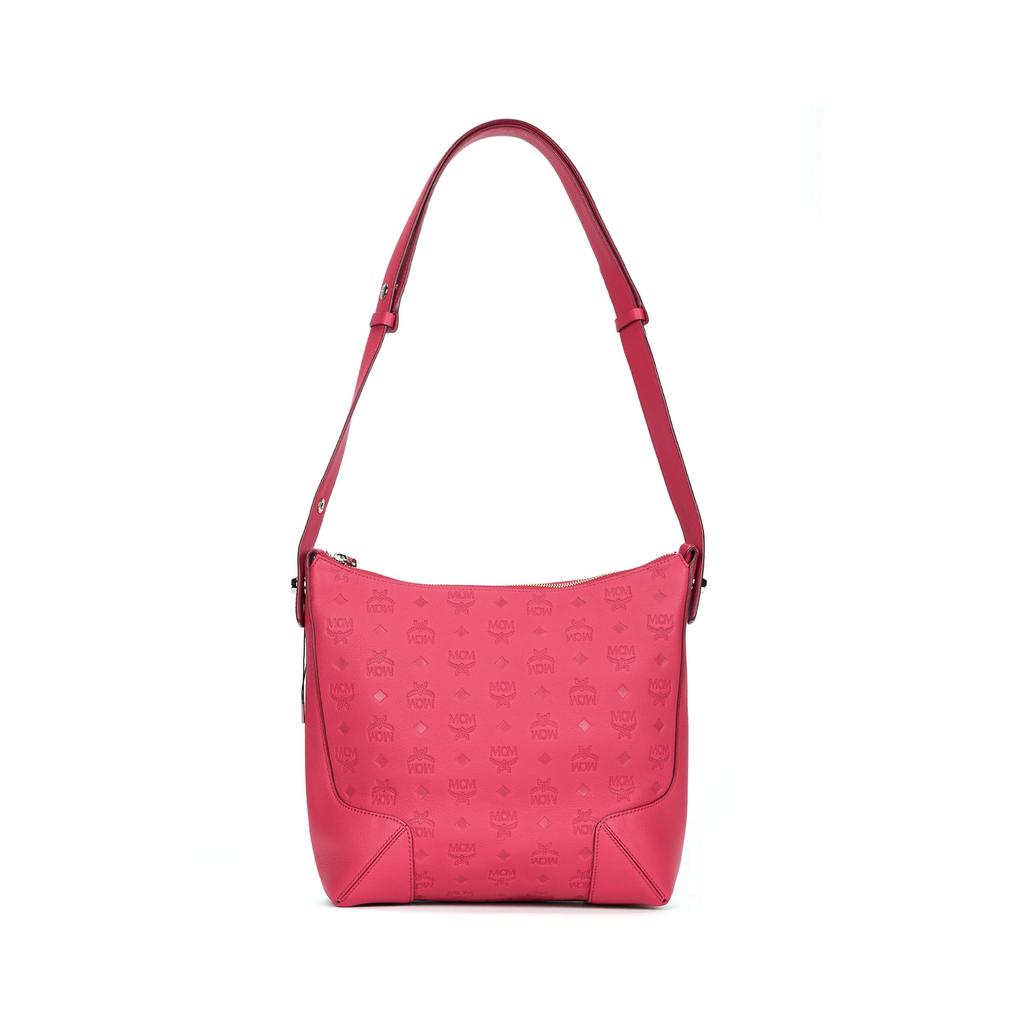 MCM Pink Embossed Visetos Leather Hobo Shoulder Bag for Daily & Travel Use