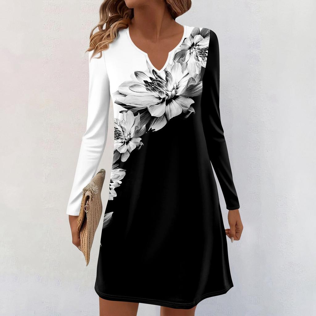 Women's Long-sleeved Casual Midi Dresses V-Neck Print  Casual Dress
