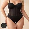 Plus Size Mesh Body Shaper Bodysuit with Cups & Fishbone Waist Cincher - Adjustable Straps, European American Style.