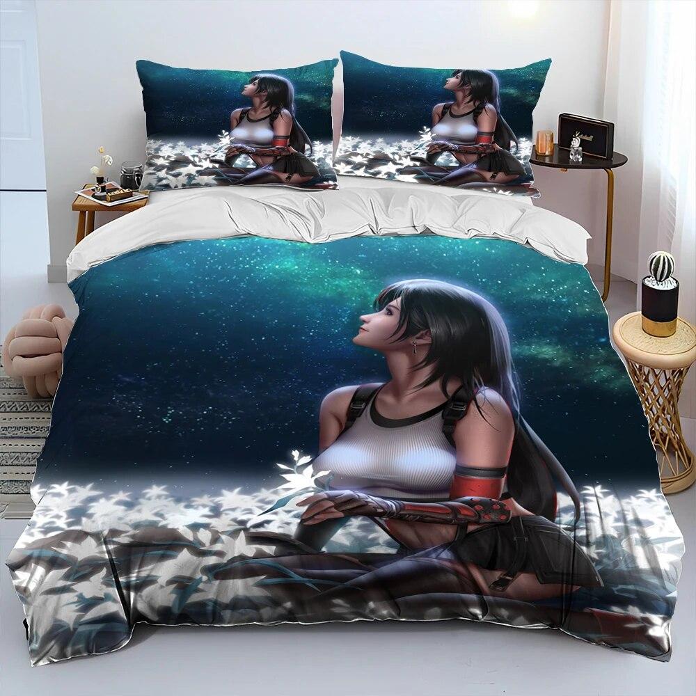 Tifa Aerith Sexy Girl Lace Cartoon Game Comforter Bedding Set,Duvet Cover Bed Set Quilt Cover Pillowcase,Queen Size Bedding Set