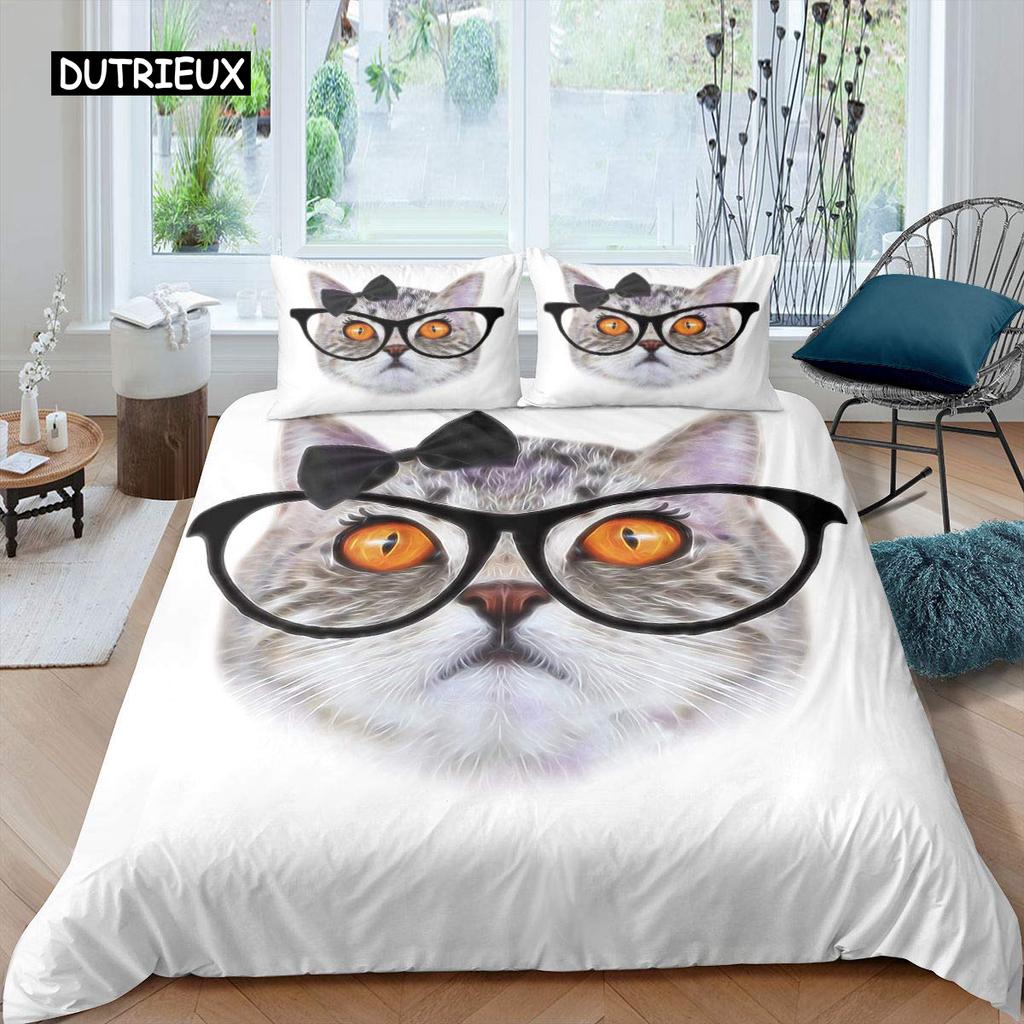 3D Digital Printing 2/3pc Animal Cat Pattern Quilt Cover Pillowcase Double Bed Set Cover Quilt Soft Microfiber Bedding Set