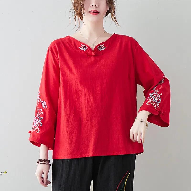 Women's Retro Chinese Buttoned Embroidered Shirt, Cotton-Linen, Loose Fit, Three-Quarter Sleeves