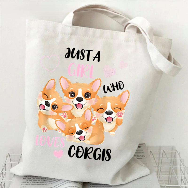 Liebt Corgis Druck Canvas Tragetasche Damen Einkaufstasche Teenager Faltbar Große Kapazität Corgis Liebhaber Schulterhandtasche