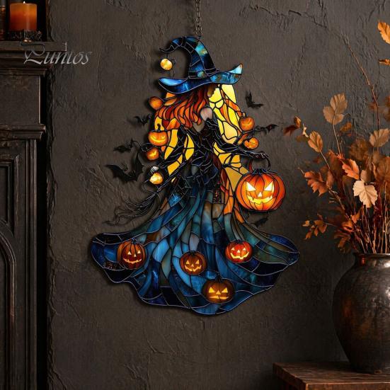 Decorative Chain Hanging Witch Acrylic Suncatcher, Stained Glass Effect Window Car Ornament, Gothic Scary Art with Pumpkin Lantern Sun Catcher