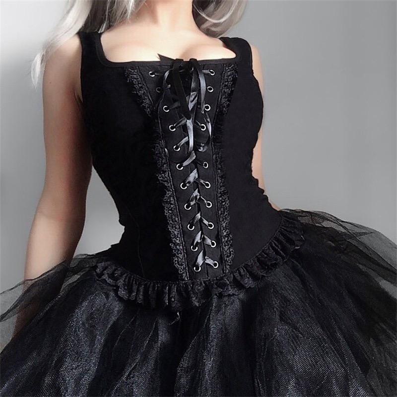 GlowGirl Gotické čipkované sieťované krátke topy Čierne sexi topy s tenkými ramienkami Korzetové topy Goth Punk Grunge Víla Estetika Y2K Oblečenie na Halloween