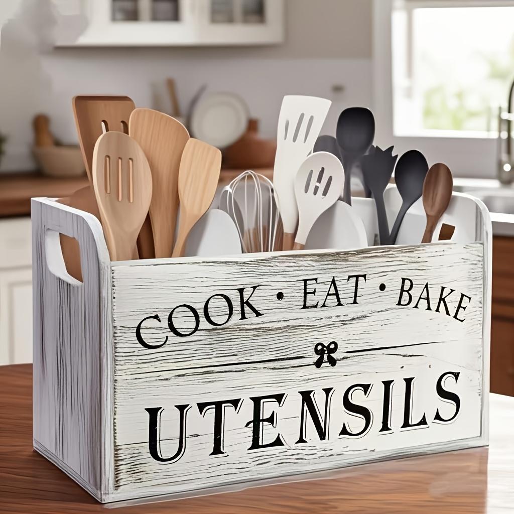 Large Wooden Utensil Holder 3-Compartment Countertop Organizer for Kitchen Tools, Heavy-Duty Wall-Mount Rustic Storage Rack