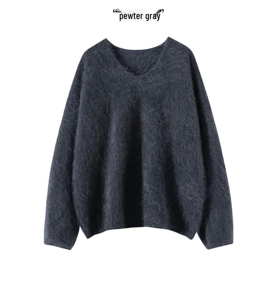 Women's Soft V-Neck Cashmere Pullover - 100% Pure, Fluffy, Seamless, Long Sleeve, Loose Fit, Ideal for Autumn and Winter