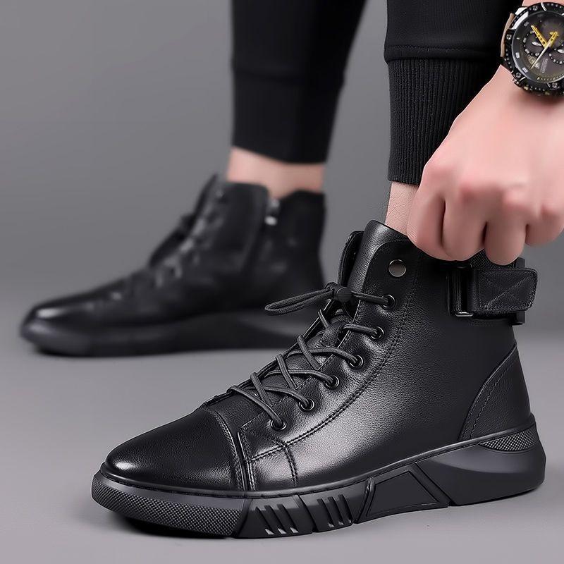 Leather Cowhide Martin Boots Men's Winter High Top Leather Boots Fleece British Cotton Leather Shoes Men's Cotton Shoes Warm Snow Boots
