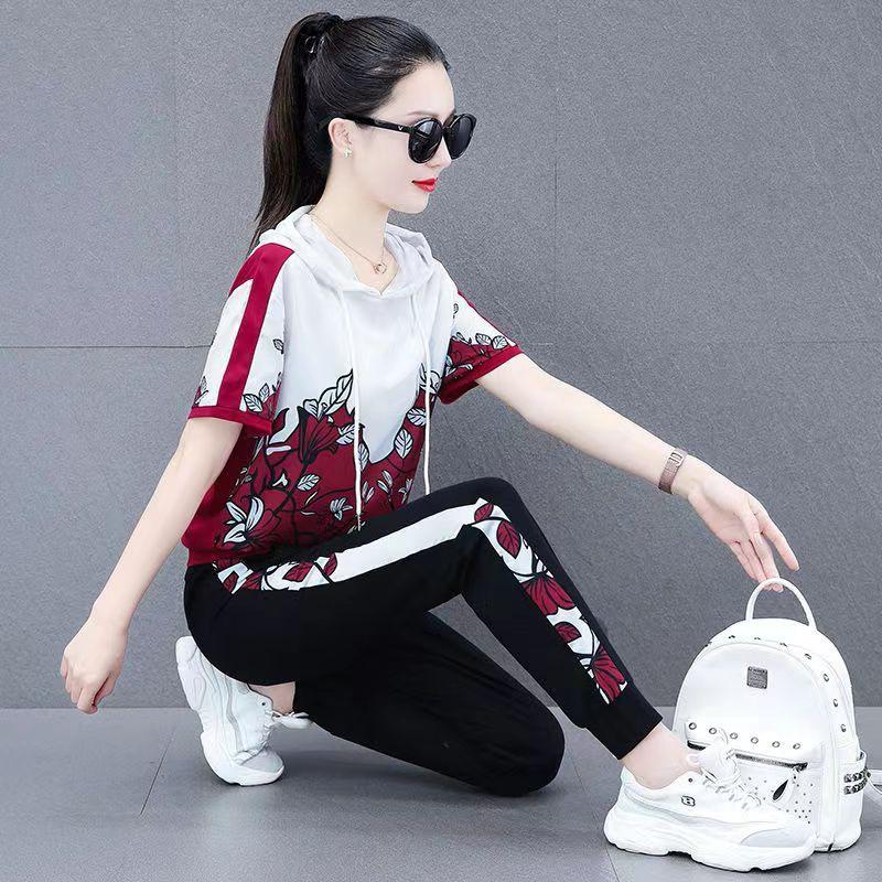 Casual Sports Suit for Women, Summer, Fashionable, Hooded, Slim, Short-sleeved, Loose Running Two-piece Set
