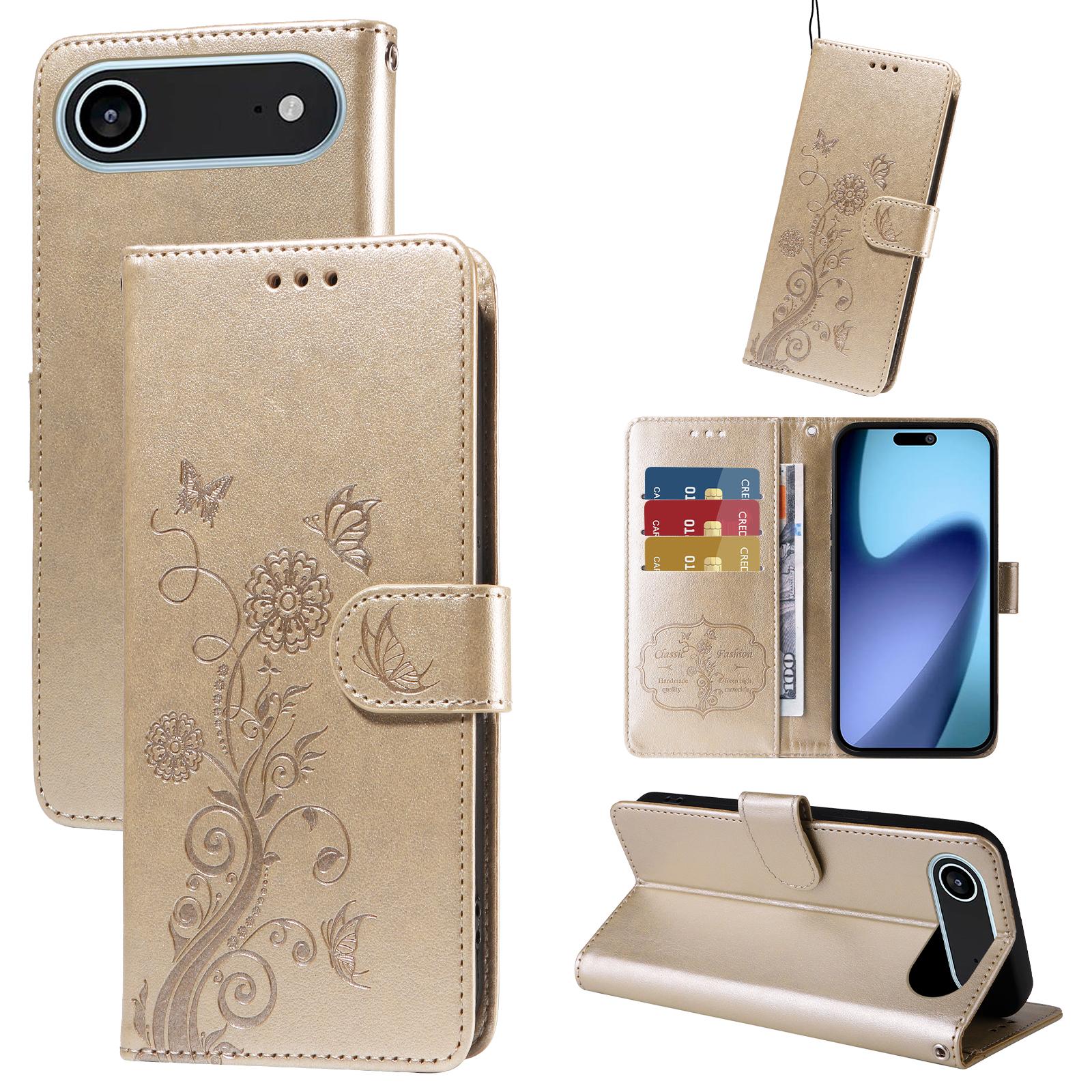 

For iPhone 17 Air Leather Case Butterfly Floral Imprint Wallet Stand Cover Blue