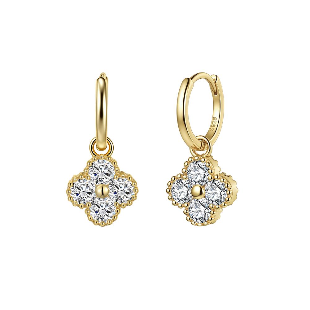 Source Jewelry Factory Gold Plated S925 Silver Four Leaf Clover Moissanite Dangle Huggie Earrings Bead Border Lucky Drop Fine S925 silver&1
