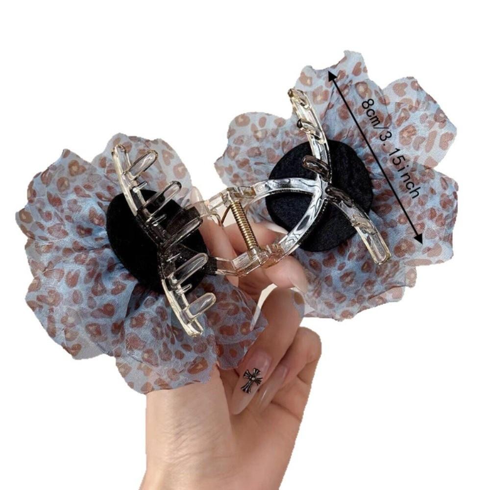 Fabric Flower Hair Claw Clip Floral Mesh Large Hair Grab Clip Leopard Print Hair Clip For Women