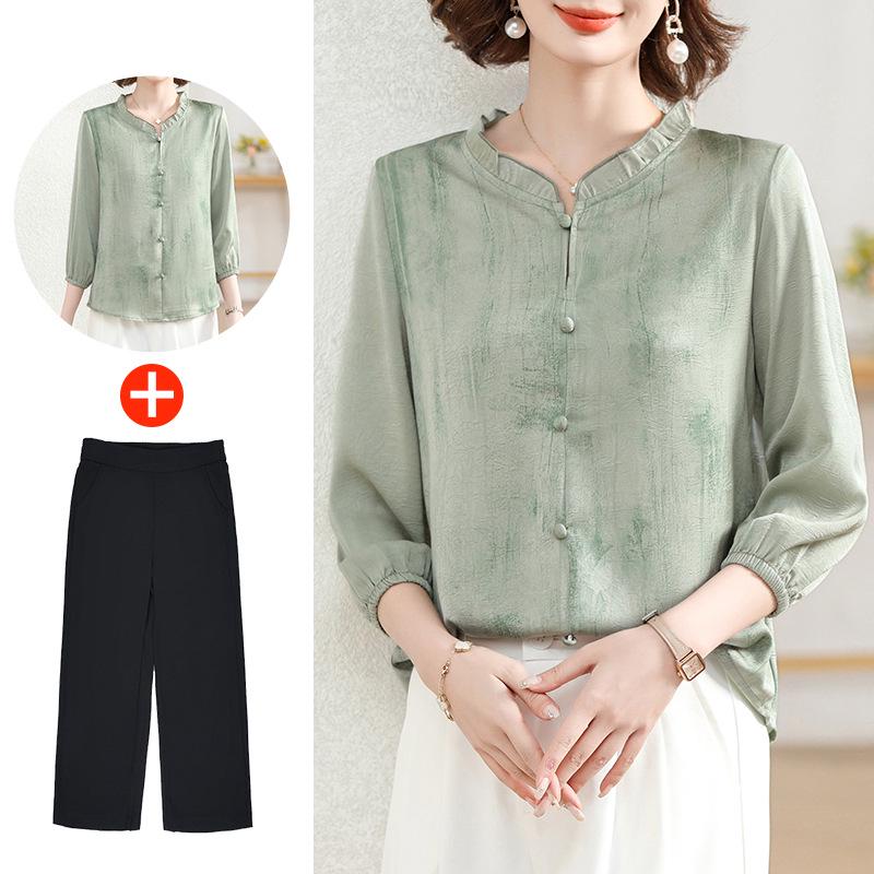 2025 New Spring/Autumn Fashion Set for Middle-Aged Women: Seven-Sleeve Chiffon Blouse