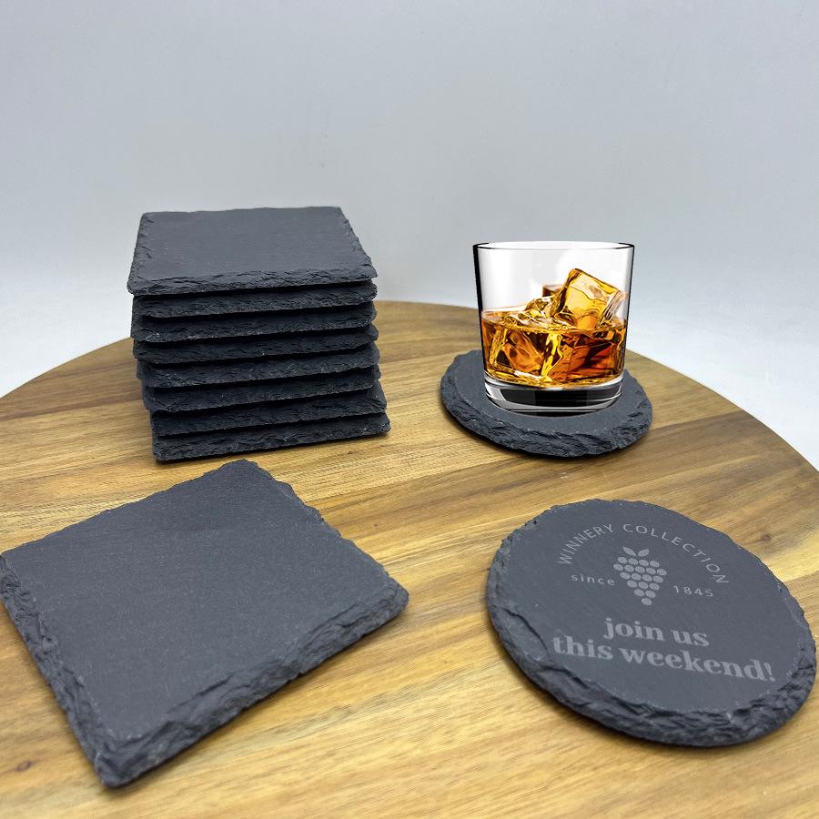 Japanese Style Round Slate Coaster Set - Natural Heat-Insulating Pad for Bar Whiskey