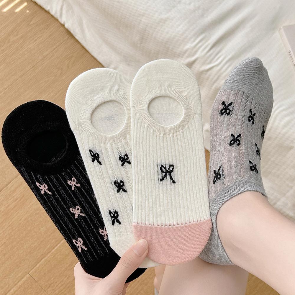 Socquettes nœud papillon, Maille respirante style ballerine pour femme, Antidérapantes, Antibactériennes, Talon anti-dérapant, Chaussettes courtes invisibles à décolleté bas