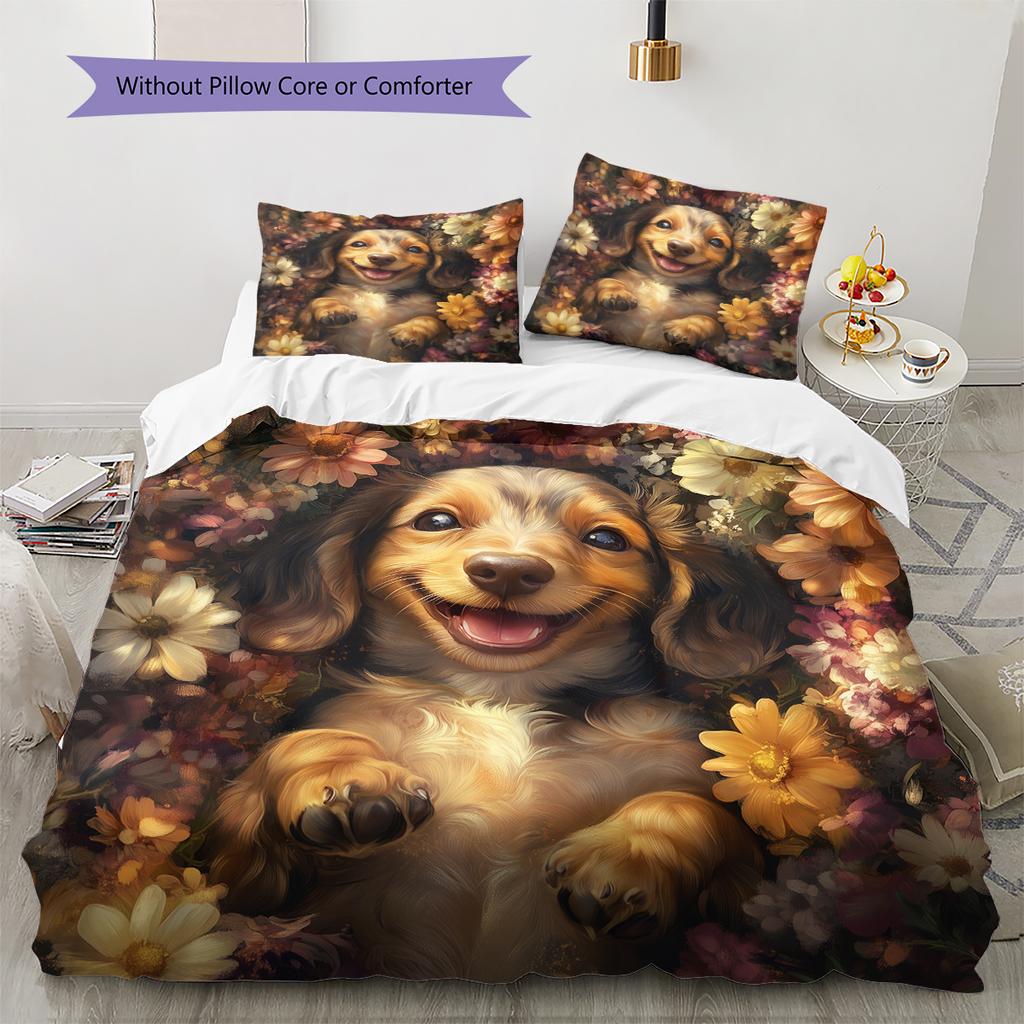 Happy Dachshund Pattern Bedding Home Decoration Birthday Gift (1 * duvet cover + 2 * pillowcase, without core)