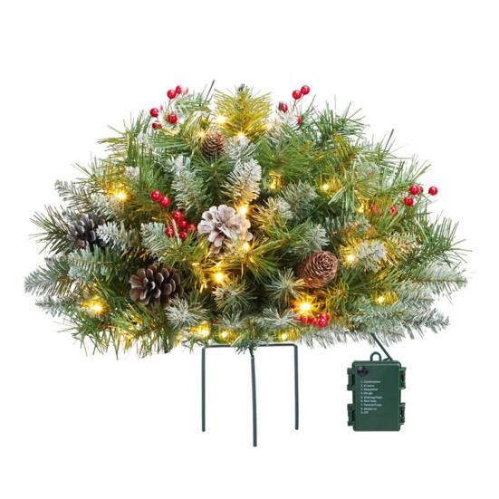 Pre-lit Christmas Tree Urn Filler Battery Operated Artificial Xmas Tree with Cones Berries Holiday Porch Planter Filler with Tripod Stake And LED