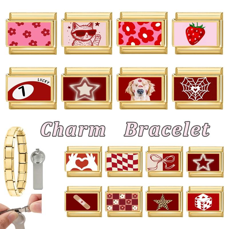 New Vintage Golden Charm Strawberry Heart Flower Bow Cat Dog Italian Charm Links Fit 9MM Stainless Steel Bracelet DIY Making