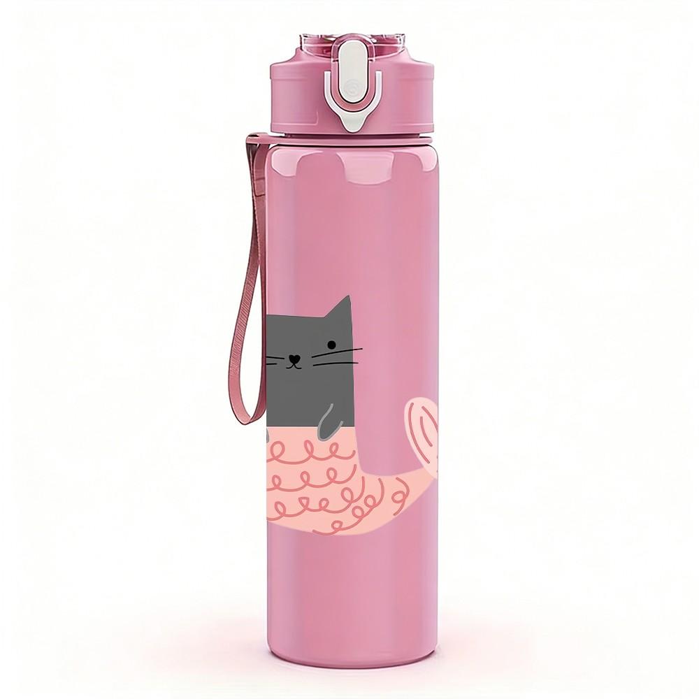 1PC Mermaid Cat Character Pattern 750ml Color Plastic Sports Water Bottle Leakproof Flip Straw Lid Suitable for Sports Office Home Use