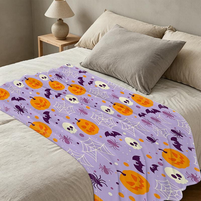 Halloween Christmas Pumpkin Bat Skull Flannel Throw Blanket | Lightweight Soft Cozy Warm Blanket for Home Leisure