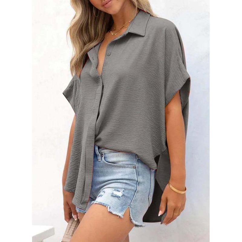 Western Style New Fashion Casual Loose Short Sleeve Lapel Shirts Top Solid Color Shirt Top