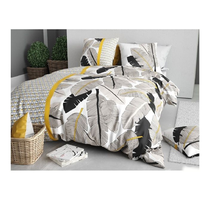 Parure De Lit - Housse Couette + 2 Taies - 260 X 240 Cm - Motif Plumes - 100% Coton Doux
