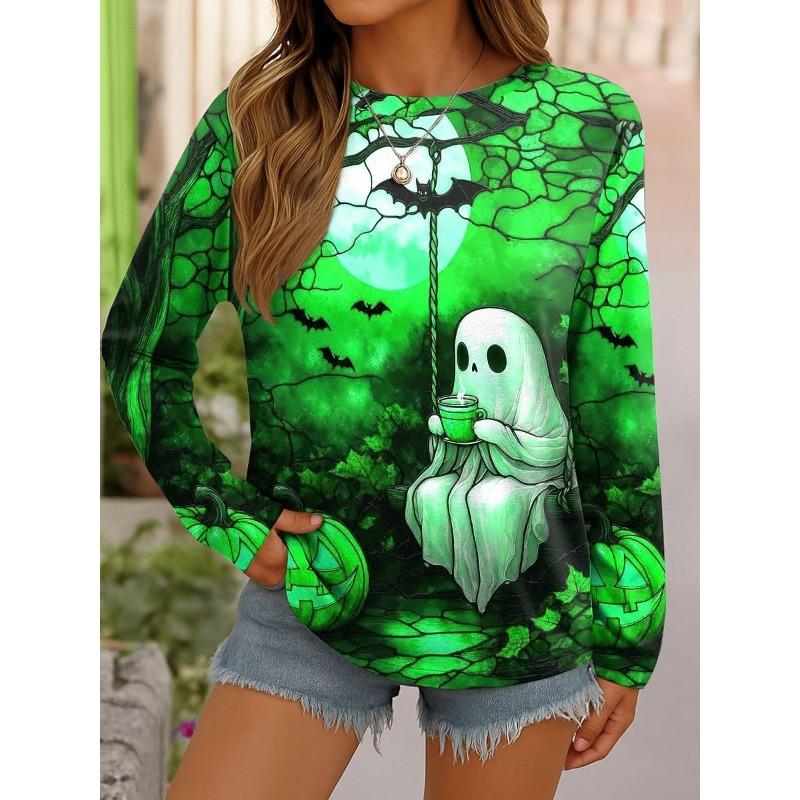 Round Neck 3D Ghost Printed Top Casual Long Sleeved Women's T-shirts - Soft Medium Stretch Polyester Fabric Spring and Autumn Relaxed Fit Clothing
