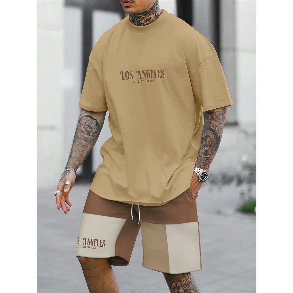 Tricou de vară patchwork monogramat bărbați gât rotund mânecă scurtă pantaloni scurți cu șnur trening îmbrăcăminte fotografie stradală în aer liber