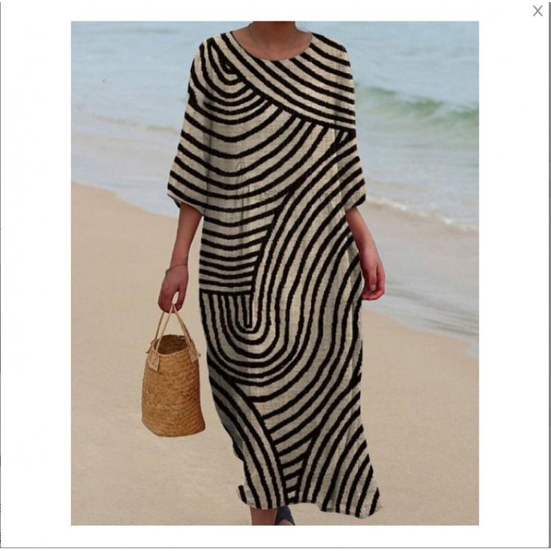 Women's Round Neck 3/4 Sleeve Midi Dress Casual Loose Solid Color Beach Vacation Long Dress