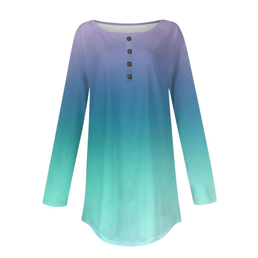 Dámské módní volné tričko s dlouhým rukávem a potiskem na knoflíky a límec