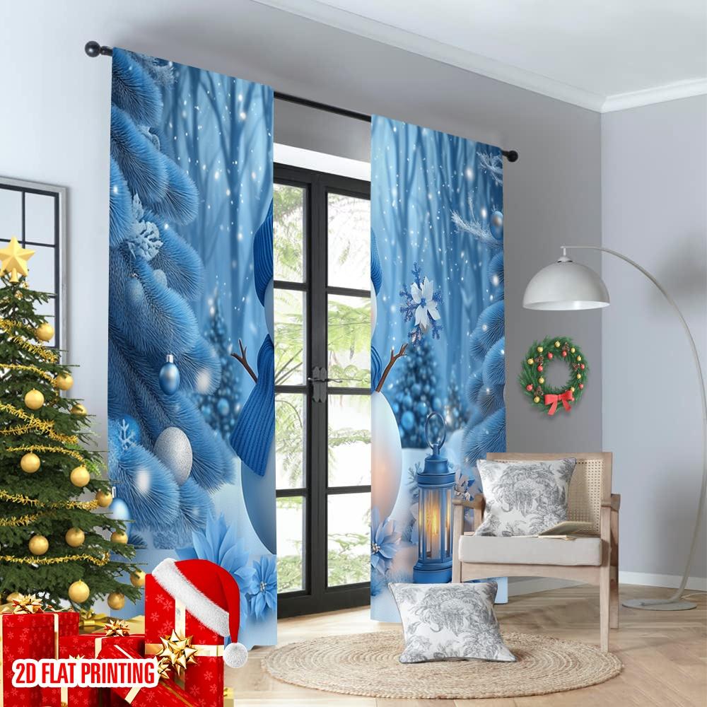 2pcs 2D flat printing Christmas Party Curtain Cute Snowman Blue Christmas Trees 100% Polyester Without Electricity Holiday