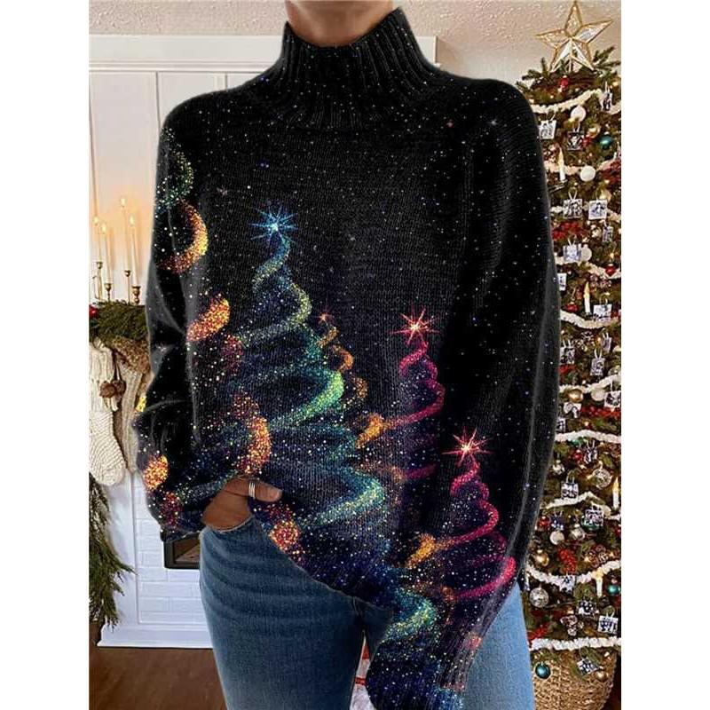 Womens Christmas Print High Neck Sweater Loose Fit Casual Long Sleeve Top